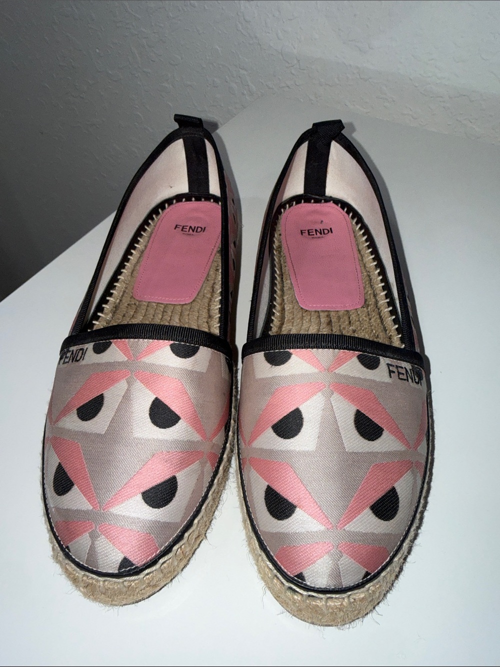 Fendi Pink and Beige Logo-Pattern Espadrille Flats